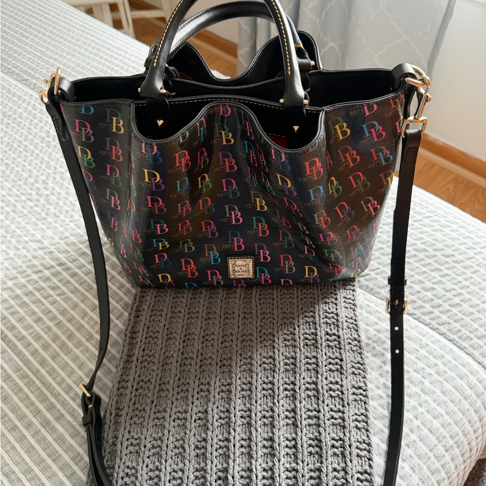 Dooney & Bourke Black Multicolor DB Logo Tote with Gold Hardware